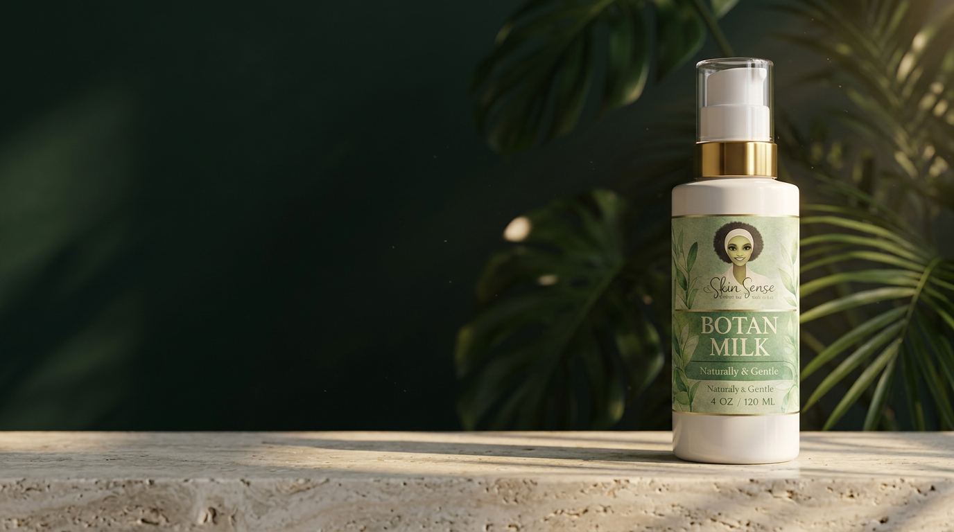 Botan Milk cleanser on a travertine bathroom ledge in morning light