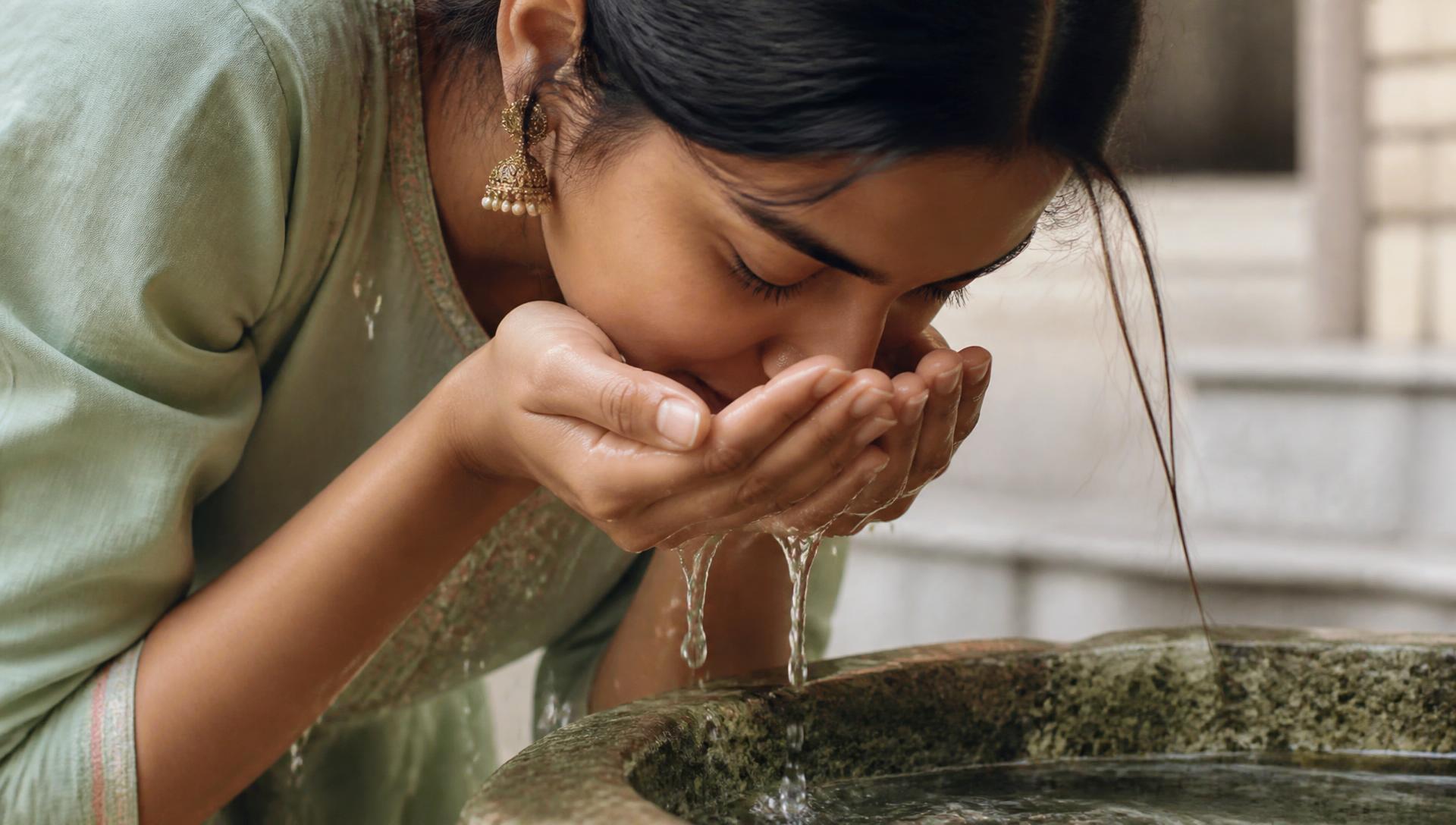 Woman rinsing her face with water over a stone basin